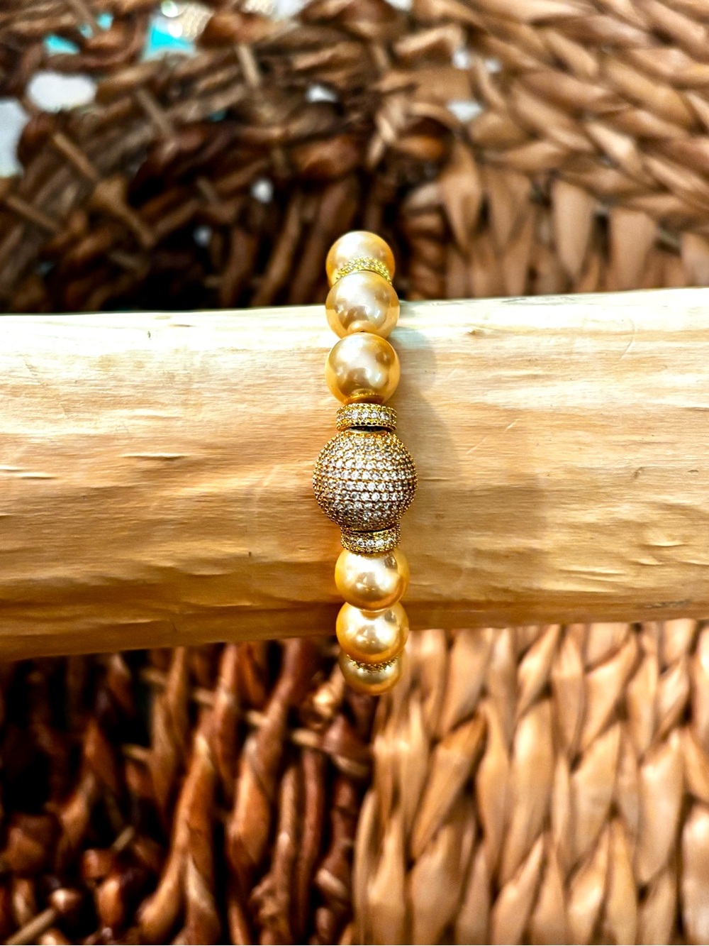 Pearl Bead Adjustable Bracelet with Gold Pave Accent Quality Faux